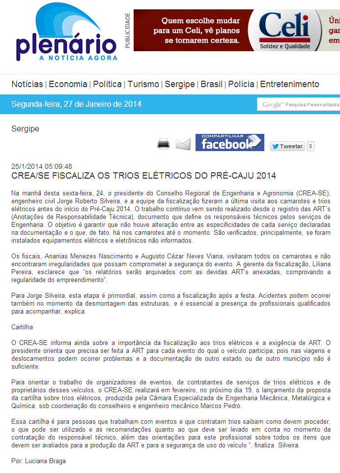 CREA/SE fiscaliza os trios elétricos do Pré-Caju 2014