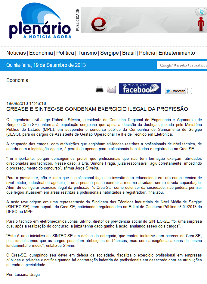 Crea-SE e SINTEC-SE condenam exercício ilegal da profissão