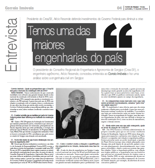 Presidente do Crea/SE, Arício Resende defende investimentos do Governo Federal para diminuir a crise