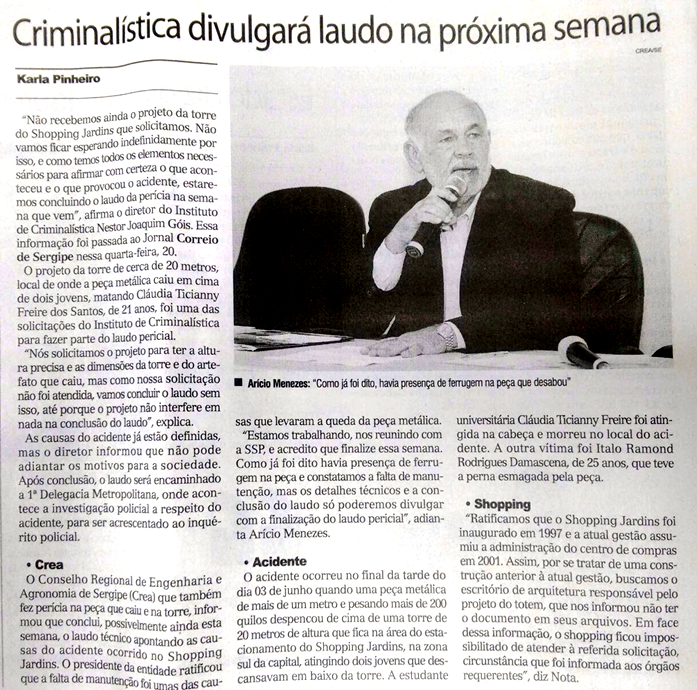 Correio de Sergipe – A6 GERAL: Criminlística divulgará laudo