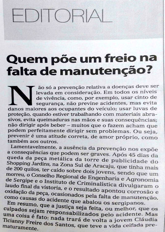 Correio de Sergipe – Editorial: Quem põe um freio na falta de manutenção?