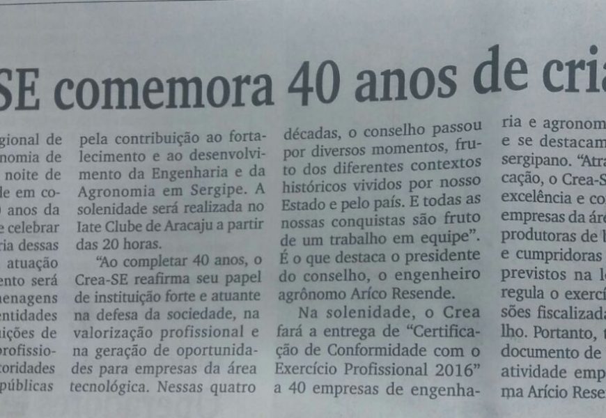 Jornal da Cidade: Crea-SE comemora 40 anos de criação
