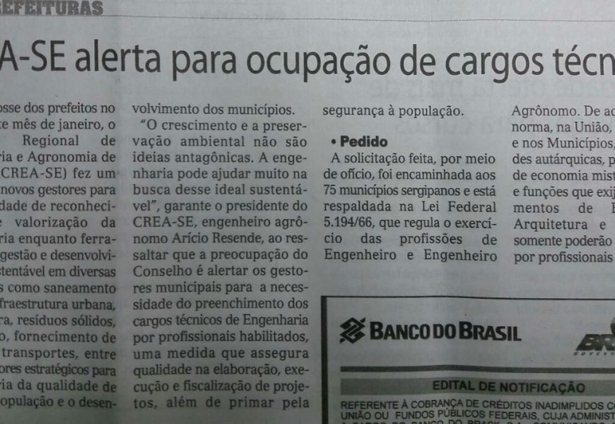 Correio de Sergipe: Crea-SE alerta para ocupação de cargos técnicos