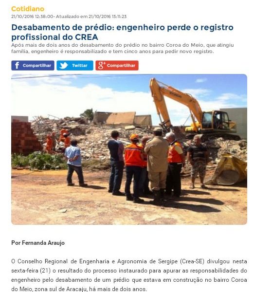 F5 news: Desabamento de prédio: Engenheiro perde registro profissional do Crea